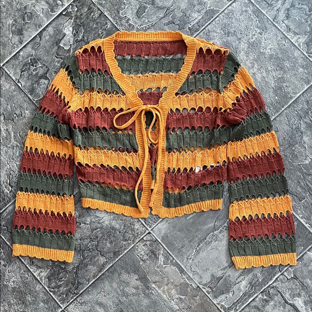 CIDER Retro Knit Tie Cropped Cardigan Coastal Cottage Grunge Indie Mid-Century